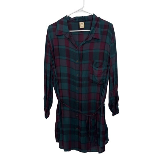 Faded Glory Womens Plaid Tunic Shirt SZ XXL (20)Teal & Burgundy Adj Waist Tie - Picture 7 of 11